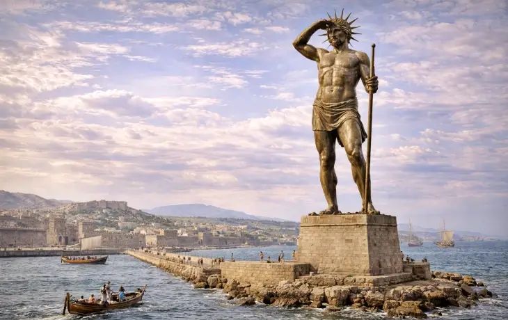 rodos heykeli helios bronz dev heykel liman kenarında antik rodos tasviri